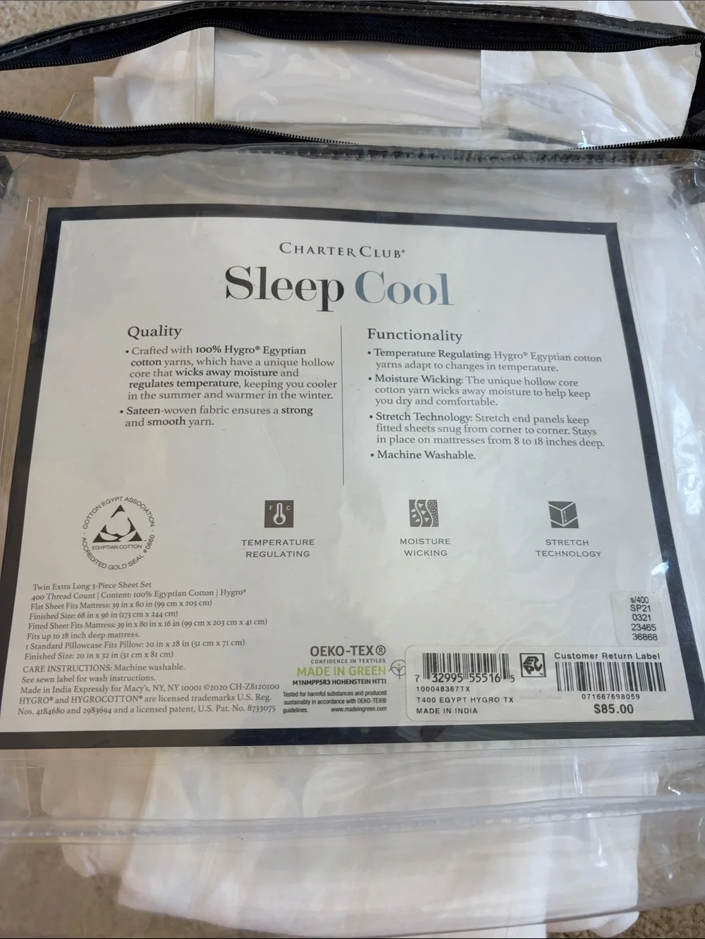 Charter Club Sleep Cool Twin XL White Sheet Set